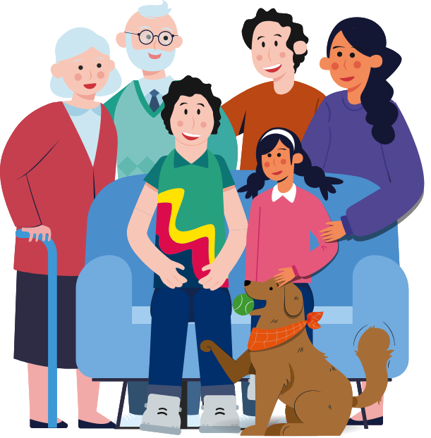 Ilustración de familia y mascota